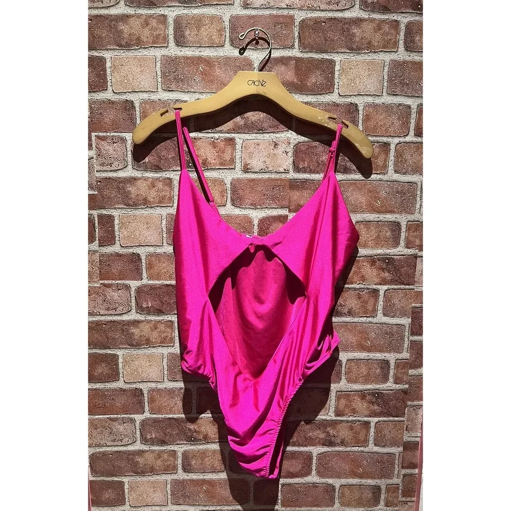 Women's Hot Pink Cut-Out Spaghetti Strap‎ One Piece Cheeky Swimsuit Size M